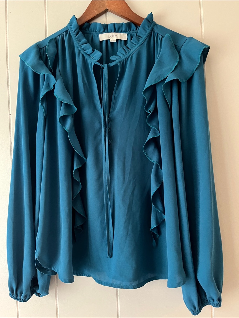 LOFT Teal Ruffle Front Long-Sleeve Blouse